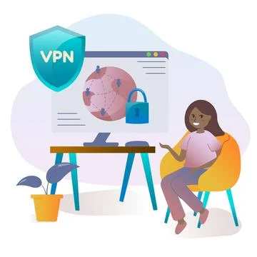 Cybersecurity and virtual private network concept. Person using VPN for com.. 스톡 일러스트