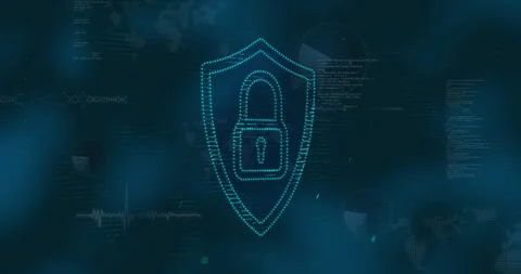 Cybersecurity animation showing shield with padlock icon and digital code Stock Footage 304476509