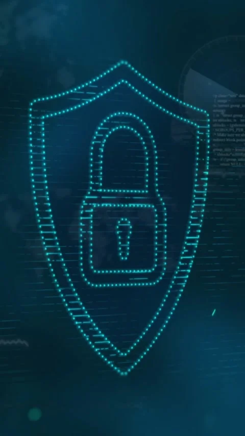 Cybersecurity animation showing shield with padlock icon and digital code Stock Footage 319055580