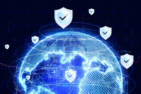 Cybersecurity banner with digital globe grid and glowing shield icons. Global イラスト素材