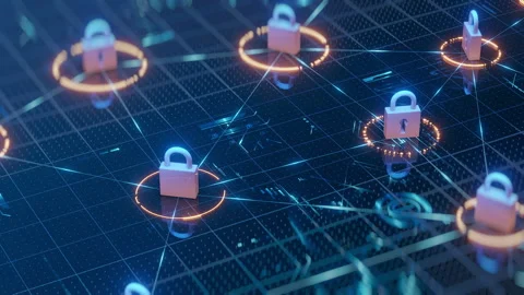 Cybersecurity Blockchain Network with Digital Padlocks and Data Grid Stock Footage 318540828