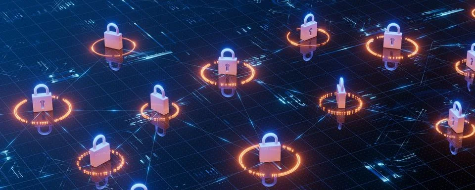 Cybersecurity Blockchain Network with Digital Padlocks and Data Grid Stock Photos