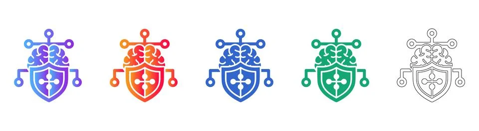 Cybersecurity Brain Shield Icon Set 스톡 일러스트