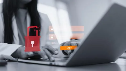 Cybersecurity breach and data hacker attack on laptop screen.identity theft.. Stock Photos