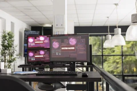 Cybersecurity breach attack on office computers system Stock Photos