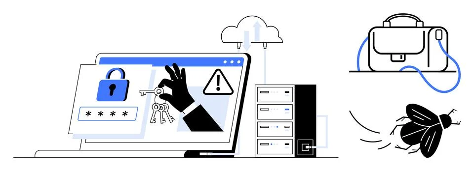 Cybersecurity breach concept featuring hacking attempt on laptop, server, m.. Stock Illustration