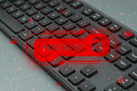Cybersecurity breach warning with red HACKED alert on computer keyboard bac.. Stock Photos
