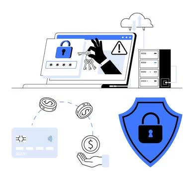Cybersecurity breaches, multi-factor authentication, data security with serve Stock Illustration