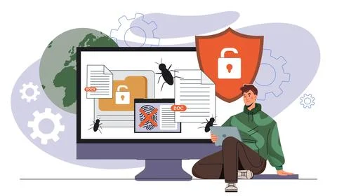 Cybersecurity bug attack on documents. Vector illustration Stock Illustration