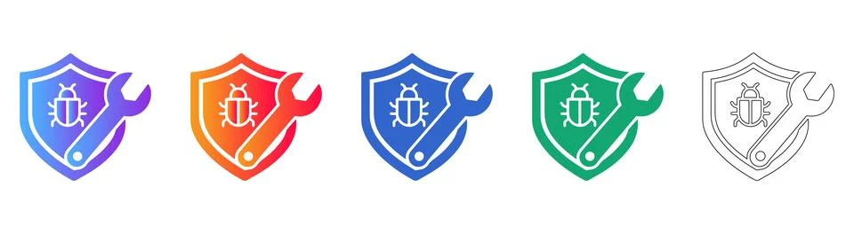 Cybersecurity Bug Fix Shield Icons Stock Illustration