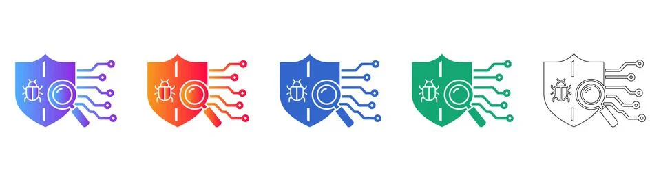 Cybersecurity Bug Scanner Shield Icon Set Stock Illustration