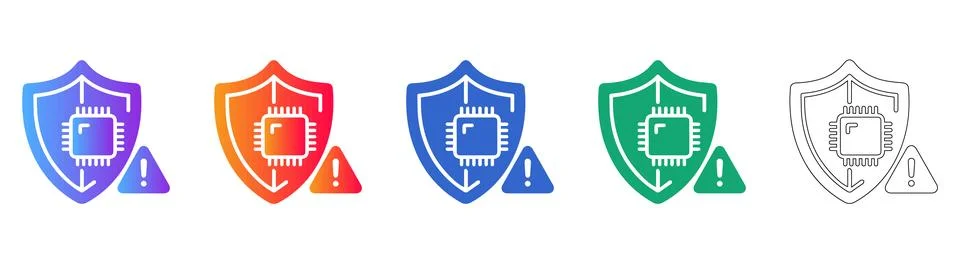 Cybersecurity Chip and Shield Warning Icons Stock Illustration