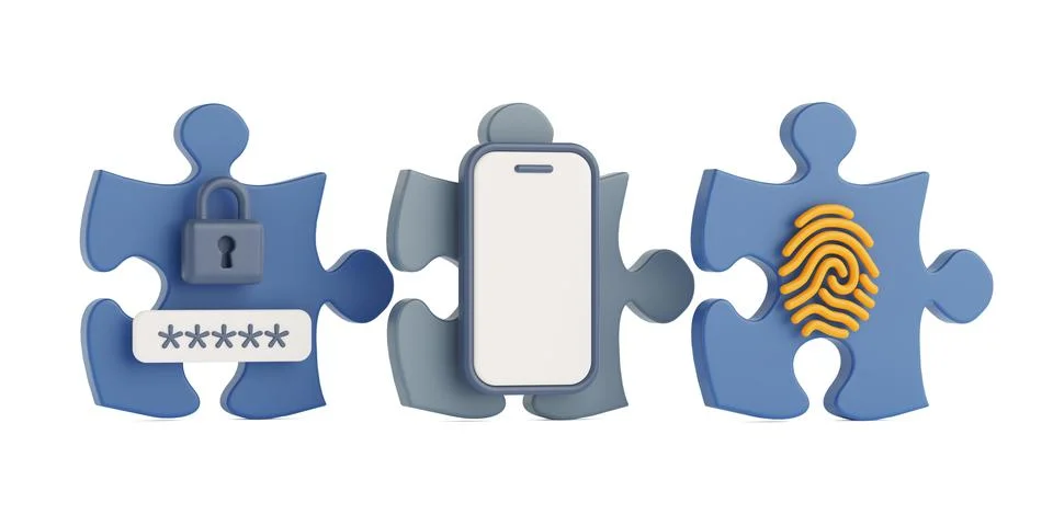 Cybersecurity Components Concept. Puzzle Pieces With Lock, Smartphone, And .. Stock Illustration