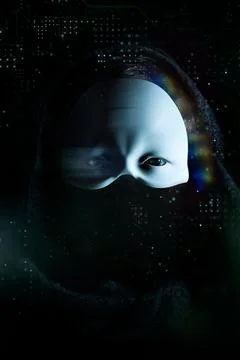 Cybersecurity, computer hacker with hoodie and obscured face, futuristic comp Illustrazione stock