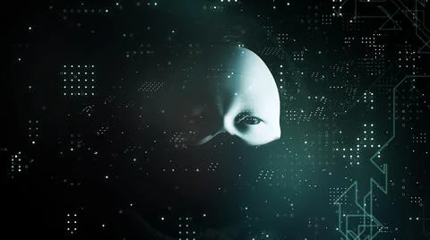 Cybersecurity, computer hacker with hoodie and obscured face, futuristic comp Illustrazione stock