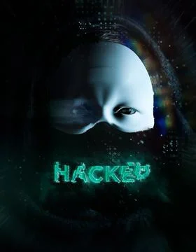 Cybersecurity, computer hacker with hoodie and obscured face, futuristic comp Illustrazione stock