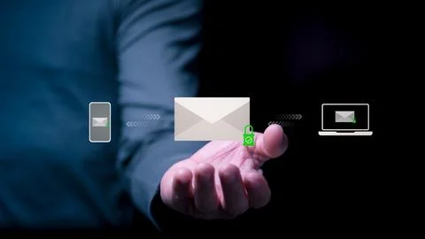 Cybersecurity concept, business presenting secure email transfer between de.. Stock Photos