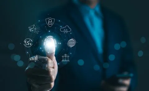 Cybersecurity concept. Businessman using thumb to scan fingerprint Stock Photos