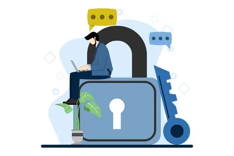 Cybersecurity concept with characters. Data security, protected access control. 스톡 일러스트