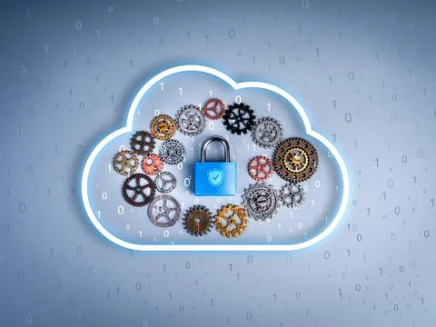 Cybersecurity concept with cloud icon, mechanical gears, and blue padlock, .. 스톡 사진