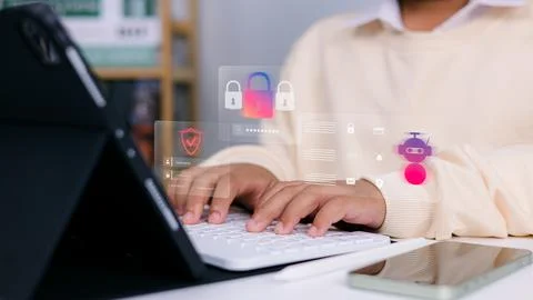 Cybersecurity Concept with Data Protection and AI Technology on Laptop Stock Photos