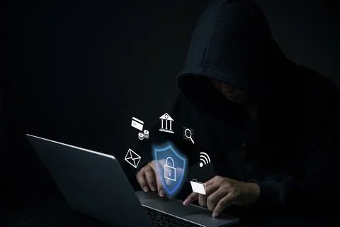 Cybersecurity concept, data protection, digital security. Hacker working Fi.. Stock Photos