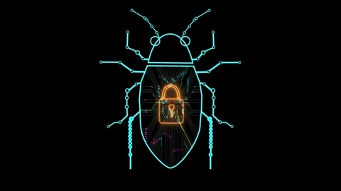 Cybersecurity Concept with Digital Insect and Lock Illustration Vidéo 310823924
