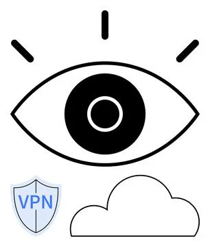 Cybersecurity Concept with Eye Symbol, Cloud Shape, and VPN Shield Depiction Stock Illustration