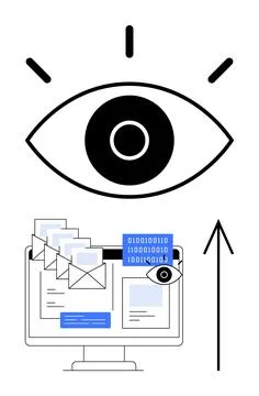 Cybersecurity Concept with Eye Watching Emails on Computer Screen and Arrow 스톡 일러스트