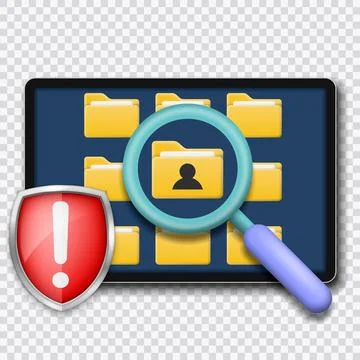 Cybersecurity concept with file search and alert icon, representing Illustrazione stock