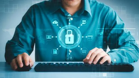 Cybersecurity concept Global network security technology, business people pro Stock Photos