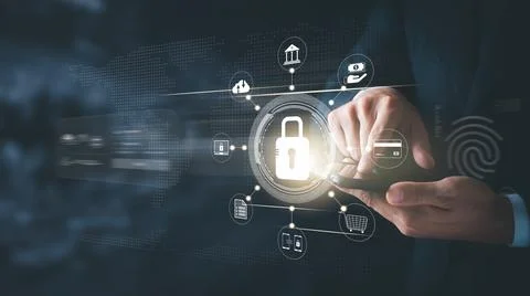 Cybersecurity concept Global network security technology, business people pro Stock Photos