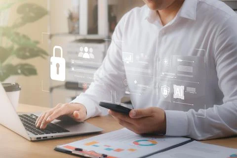 Cybersecurity concept Global network security technology, business people pro Stock Photos