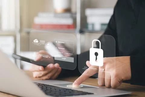 Cybersecurity concept Global network security technology, business people pro Stock Photos