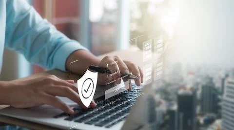 Cybersecurity concept Global network security technology, business people pro Stock Photos