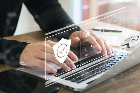 Cybersecurity concept Global network security technology, business people pro Stock Photos