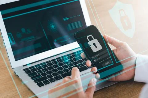 Cybersecurity concept Global network security technology, business people pro Stock Photos