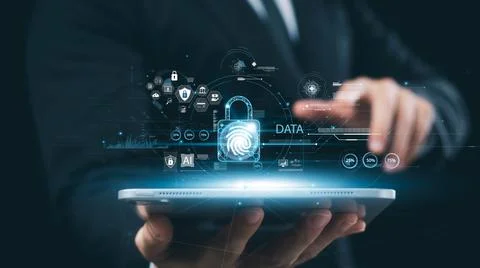 Cybersecurity concept Global network security technology, business people pro Stock Photos