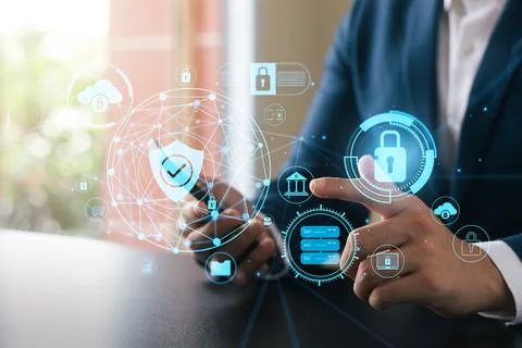 Cybersecurity concept global network security technology, business people pro Stock Photos