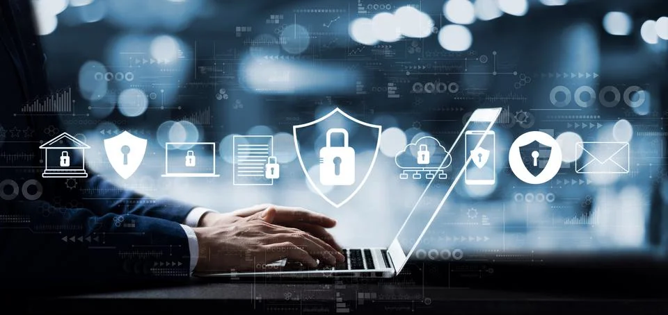 Cybersecurity concept global network security technology, business people pro Stock Photos