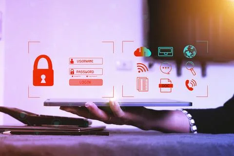 Cybersecurity Concept Global network security technology,  protect personal info 写真素材