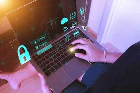 Cybersecurity Concept Global network security technology,  protect personal info Foto stock