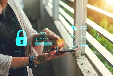 Cybersecurity Concept Global network security technology,  protect personal info 写真素材