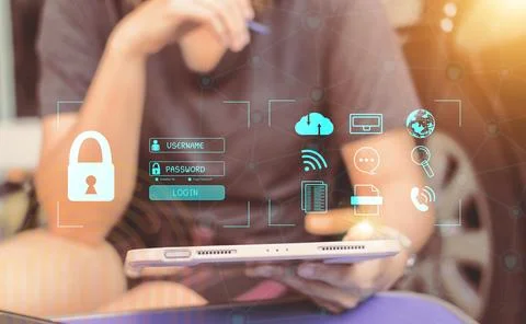 Cybersecurity Concept Global network security technology,  protect personal info Stock Photos