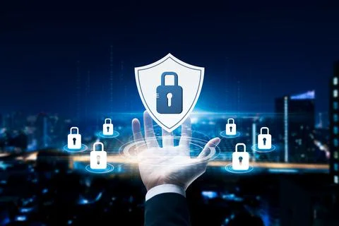 Cybersecurity concept Global security network technology, encryption with pad Stock Photos