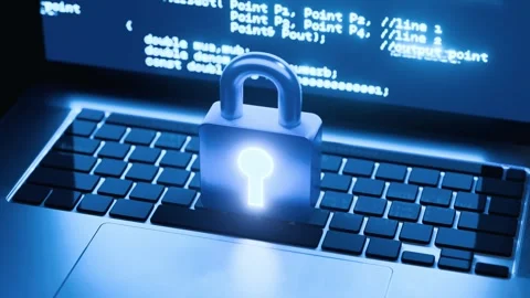 Cybersecurity concept with glowing padlock on laptop Stock Footage 305064514