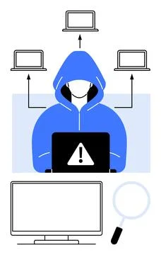 Cybersecurity Concept Hacker with Laptop Among Connected Devices and Magnif.. Stock Illustration