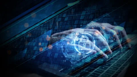 Cybersecurity concept with hands typing on a laptop, digital lock icon, Stock-Footage 330983245