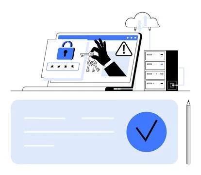 Cybersecurity Concept with Laptop Displaying Lock, Key, and Warning Symbols.. 库存插图