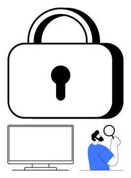 Cybersecurity concept with large lock, computer monitor, and man investigat.. 스톡 일러스트